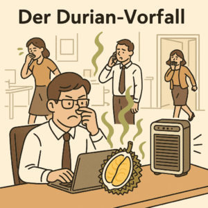 Humorvolle Illustration des Durian-Vorfalls im Büro von Uplink-Pharma, Mitarbeitende reagieren auf den Geruch der Frucht