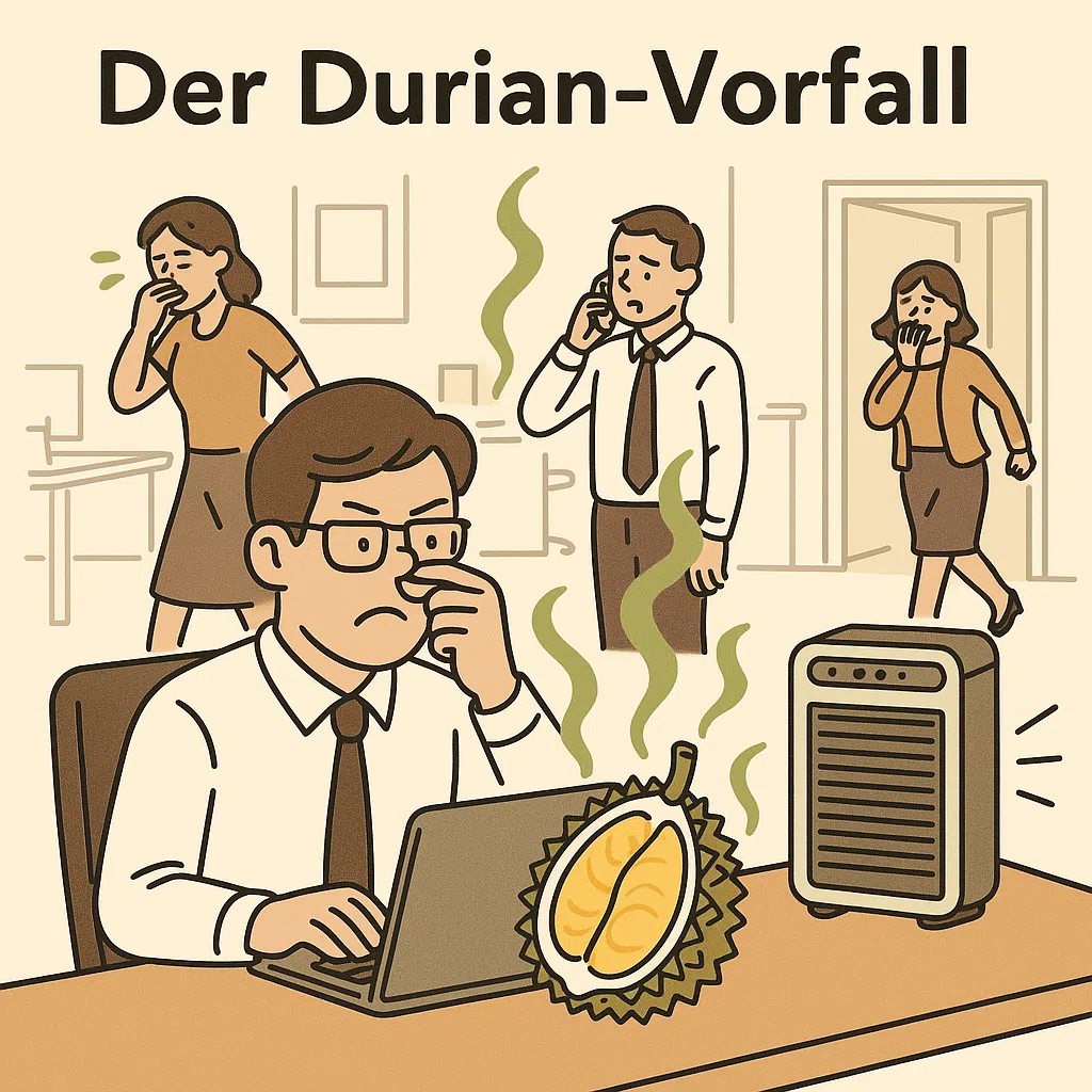 Humorvolle Illustration des Durian-Vorfalls im Büro von Uplink-Pharma, Mitarbeitende reagieren auf den Geruch der Frucht
