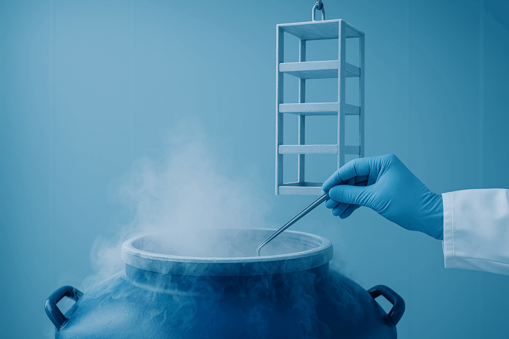 Kryokonservierungsprozess mit Kryotank, verdampfendem flüssigem Stickstoff und Laborhandschuh bei der Handhabung eines Probenracks.