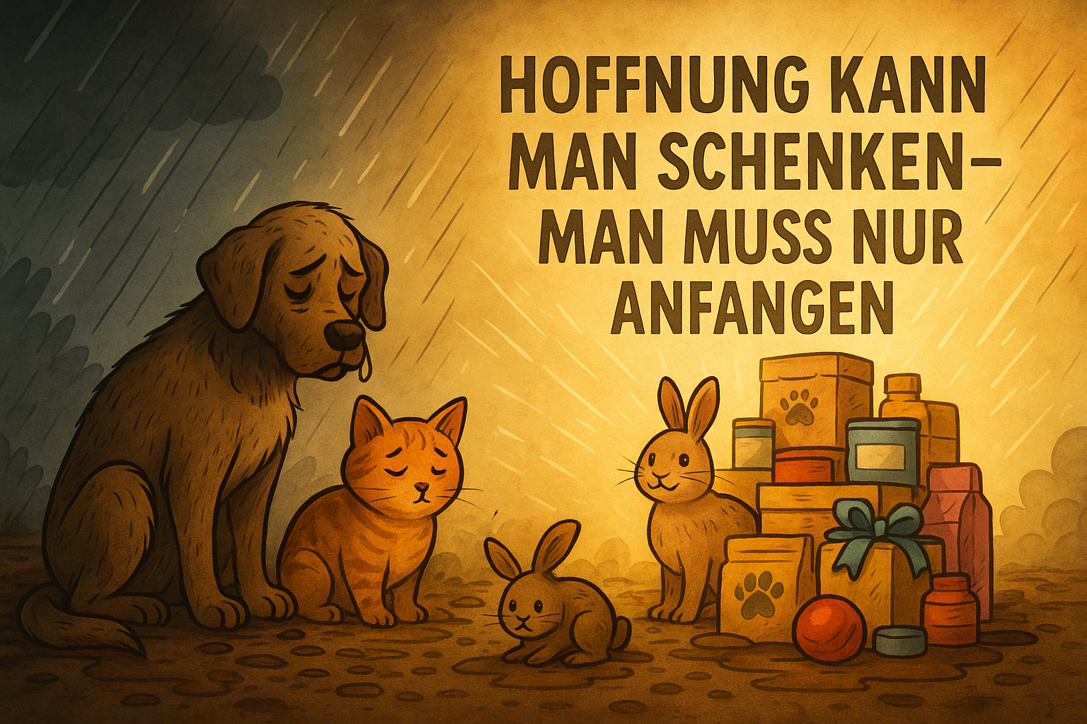 Hund, Katze und Kaninchen sitzen im Regen und werden von einer Welle aus Licht und Futterspenden erreicht. Symbolbild für die Unterstützung des Tierschutz Weilburg durch Uplink-Pharma und MZ-Datenservice