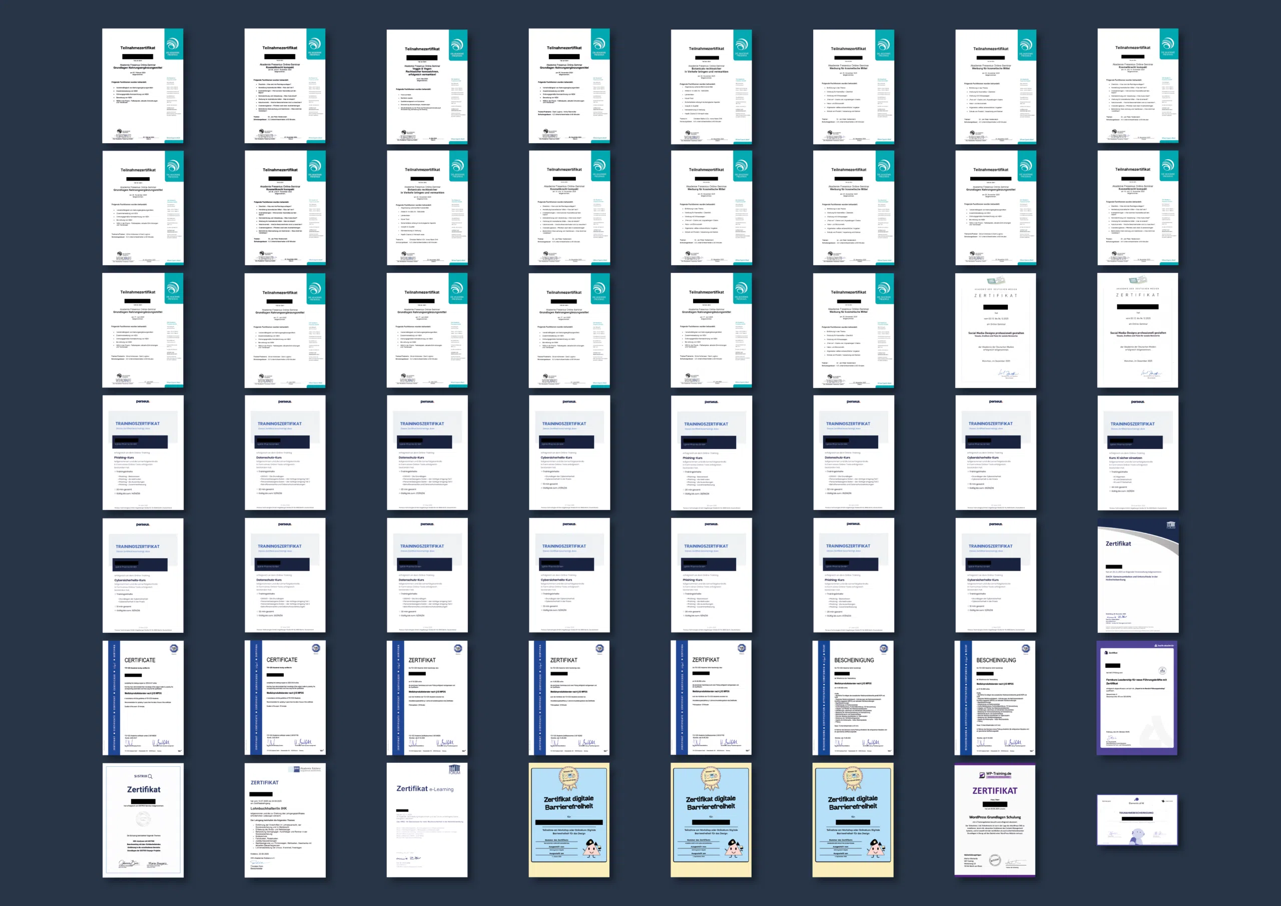 Zertifikate und Weiterbildungsnachweise zur Mitarbeiterqualifizierung bei Uplink Pharma aus den letzten 18 Monaten